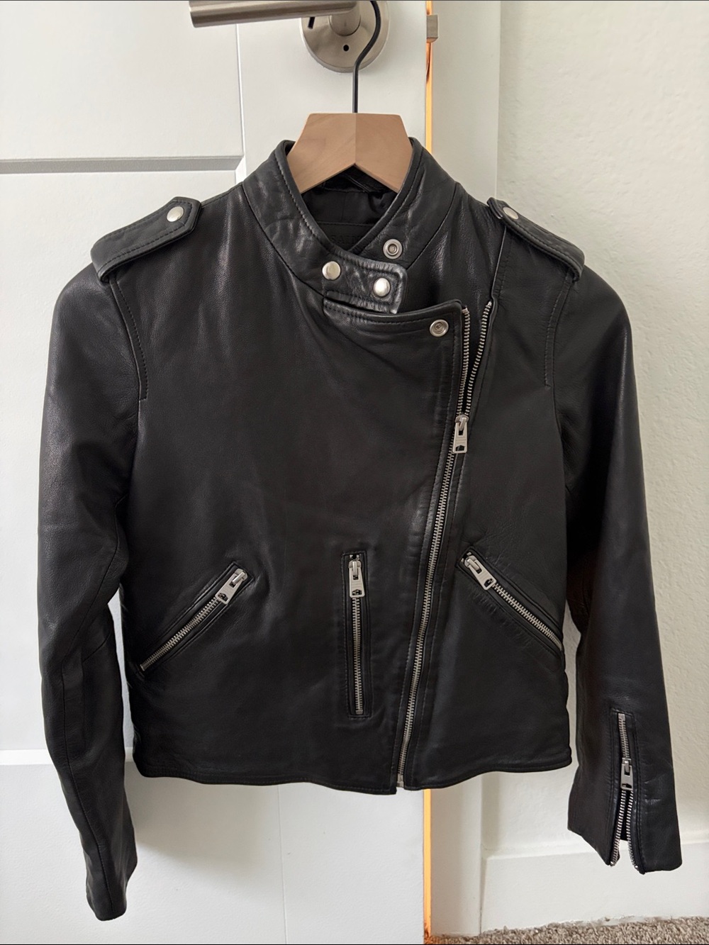 AllSaints Black Asymmetric Leather Biker Jacket